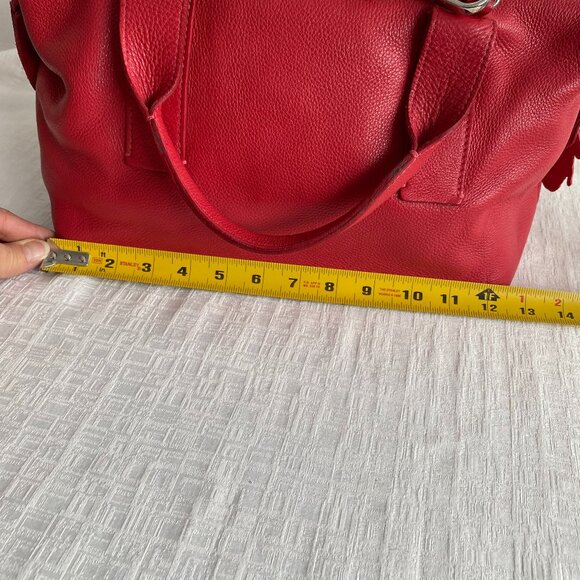 Roots Red Leather Satchel Bag With Stripe Detail - Picture 15 of 16